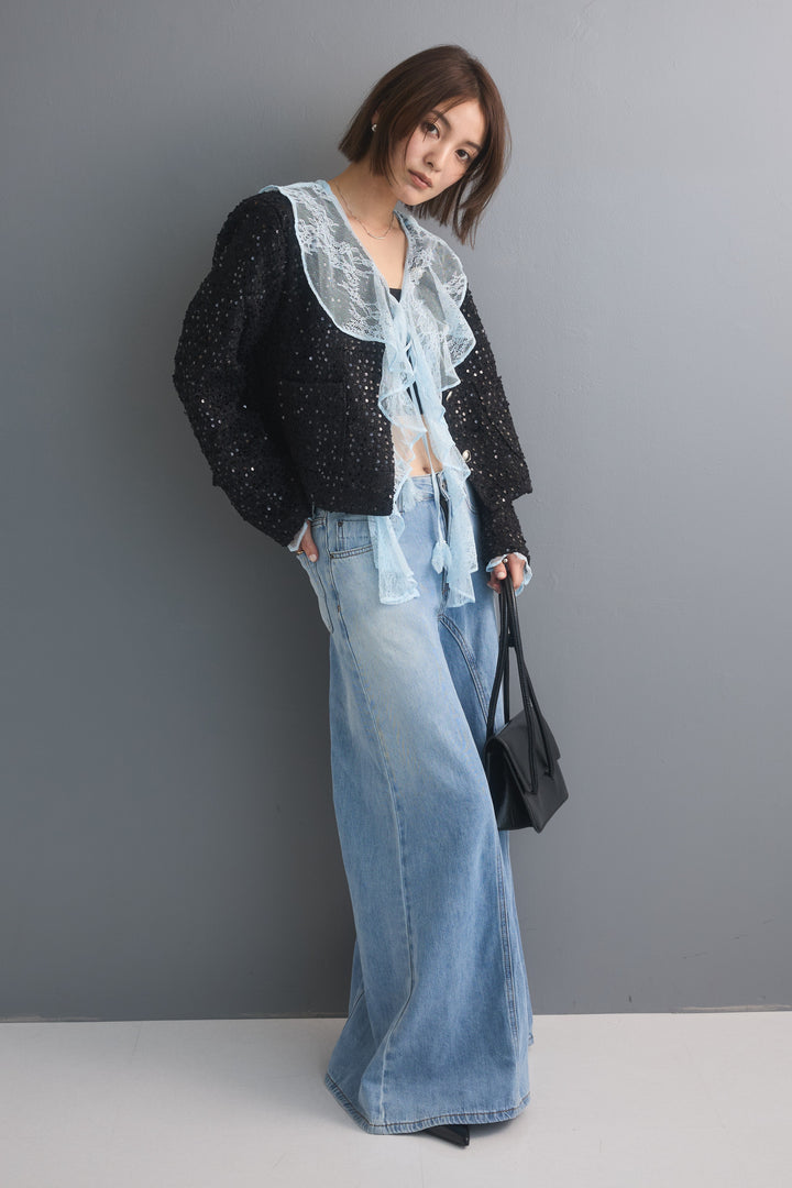 [予約/3点SET購入]スパンコールツイードノーカラージャケット+シアーレースフリルカラーブラウス+ワイドフレアデニムパンツ