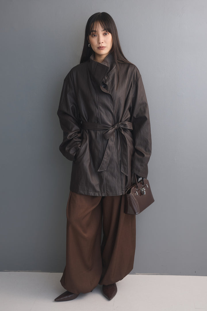 [予約/2点SET購入]ソフトタッチシンセティックレザーハーフコート+ヨークギャザーバルーンパンツ