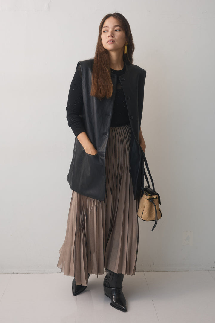 [予約/2点SET購入]レザーライクロングジレ+イレギュラープリーツスカート