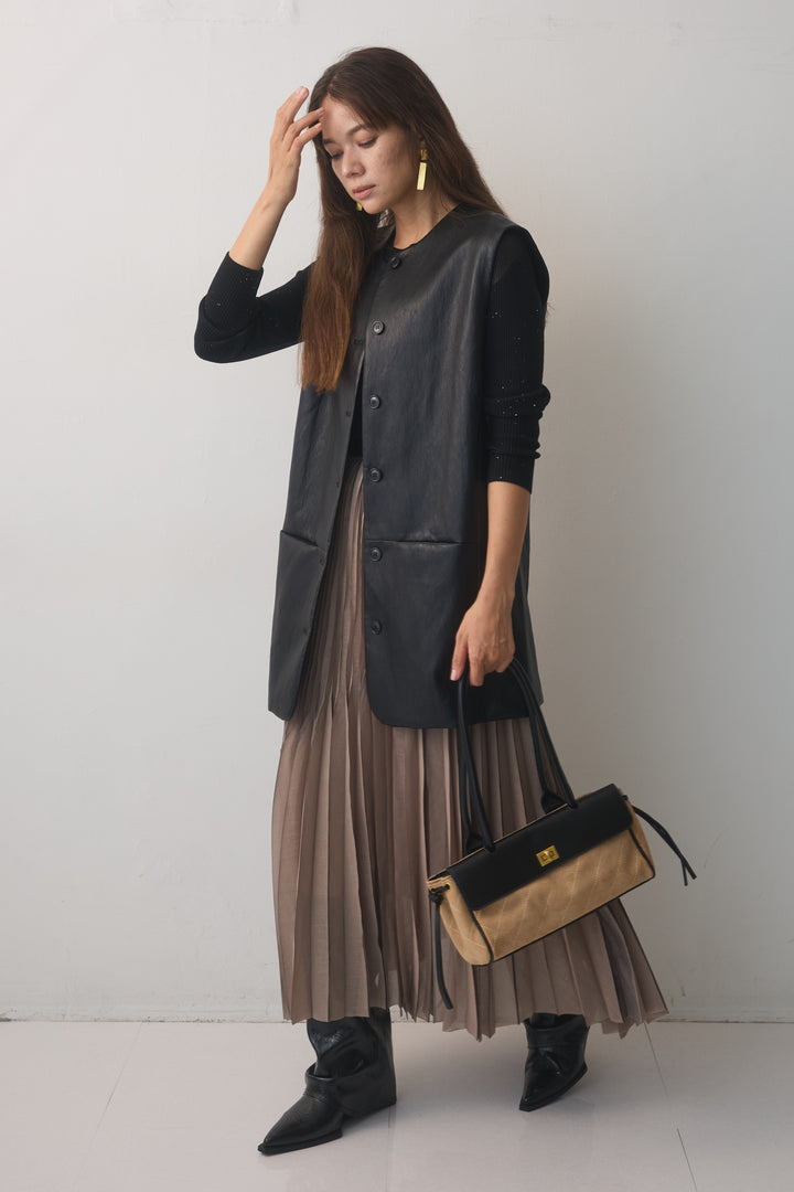 [予約/2点SET購入]レザーライクロングジレ+イレギュラープリーツスカート