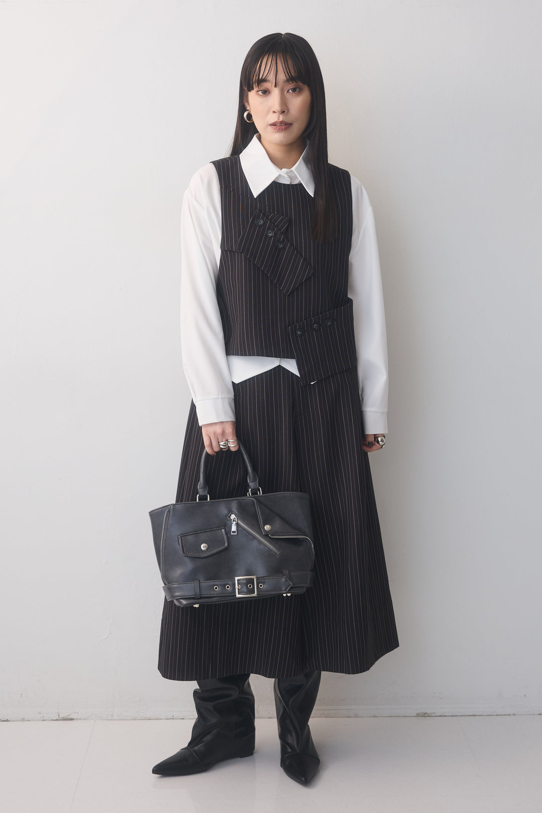 [予約/2点SET購入]ピンストライプカフスデザインベスト+ピンストライプクロップドワイドパンツ
