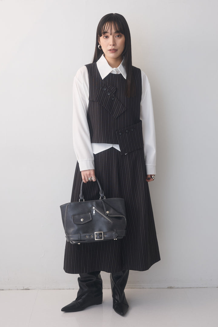 [予約/2点SET購入]ピンストライプカフスデザインベスト+ピンストライプクロップドワイドパンツ