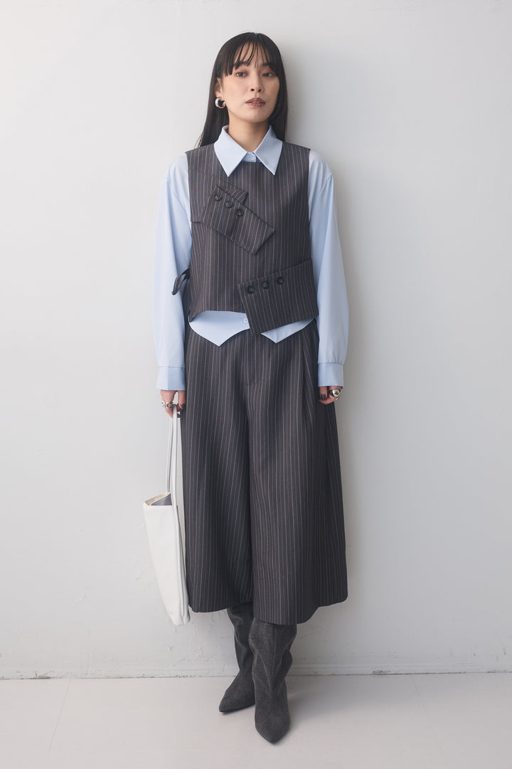 [予約/3点SET購入]シェイプドヘムシャツ+ピンストライプカフスデザインベスト+ピンストライプクロップドワイドパンツ