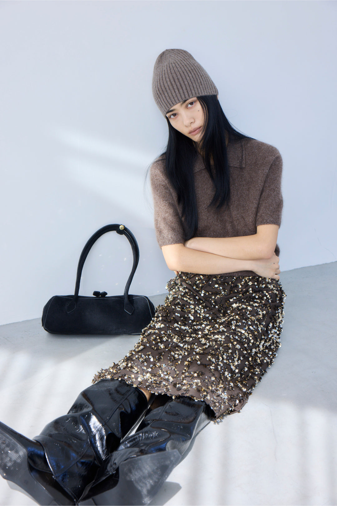[予約/2点SET購入]ウールカシミヤポロニットプルオーバー+スパンコールフレイドスカート