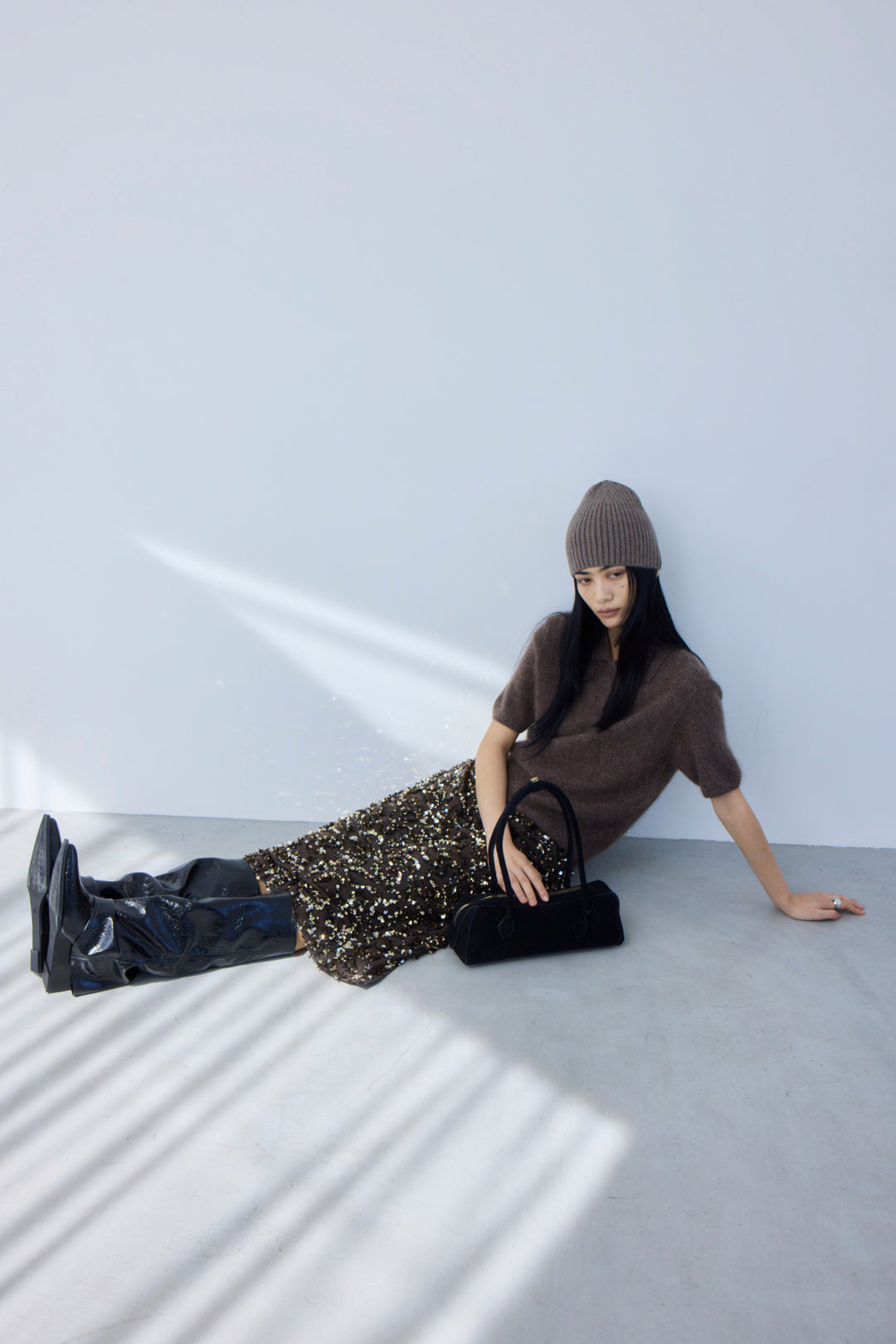 [予約/2点SET購入]ウールカシミヤポロニットプルオーバー+スパンコールフレイドスカート