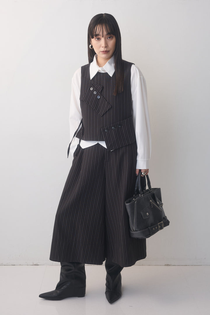 [予約/3点SET購入]シェイプドヘムシャツ+ピンストライプカフスデザインベスト+ピンストライプクロップドワイドパンツ