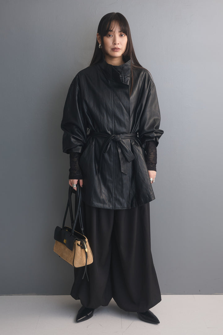 [予約/2点SET購入]ソフトタッチシンセティックレザーハーフコート+ヨークギャザーバルーンパンツ