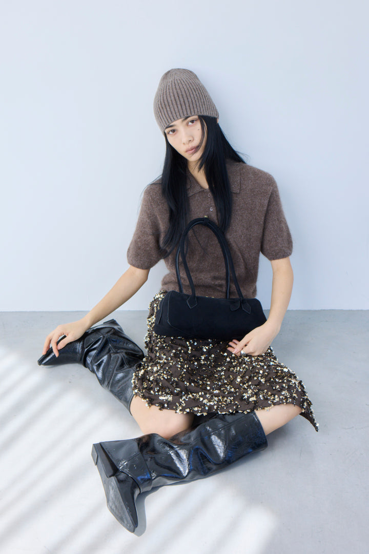 [予約/2点SET購入]ウールカシミヤポロニットプルオーバー+スパンコールフレイドスカート