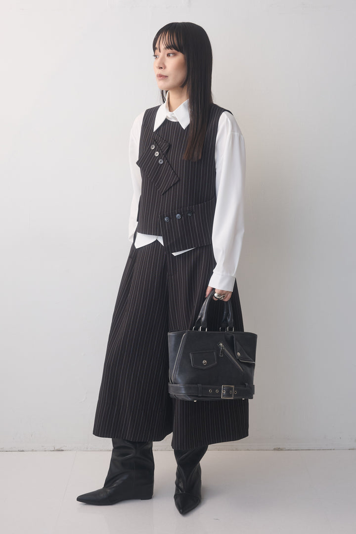 [予約/3点SET購入]シェイプドヘムシャツ+ピンストライプカフスデザインベスト+ピンストライプクロップドワイドパンツ