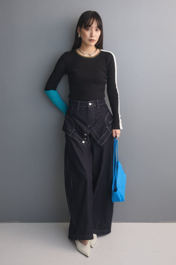 [予約/2点SET購入]アシンメトリーカラーブロックリブニット+リワークデザインデニムパンツ