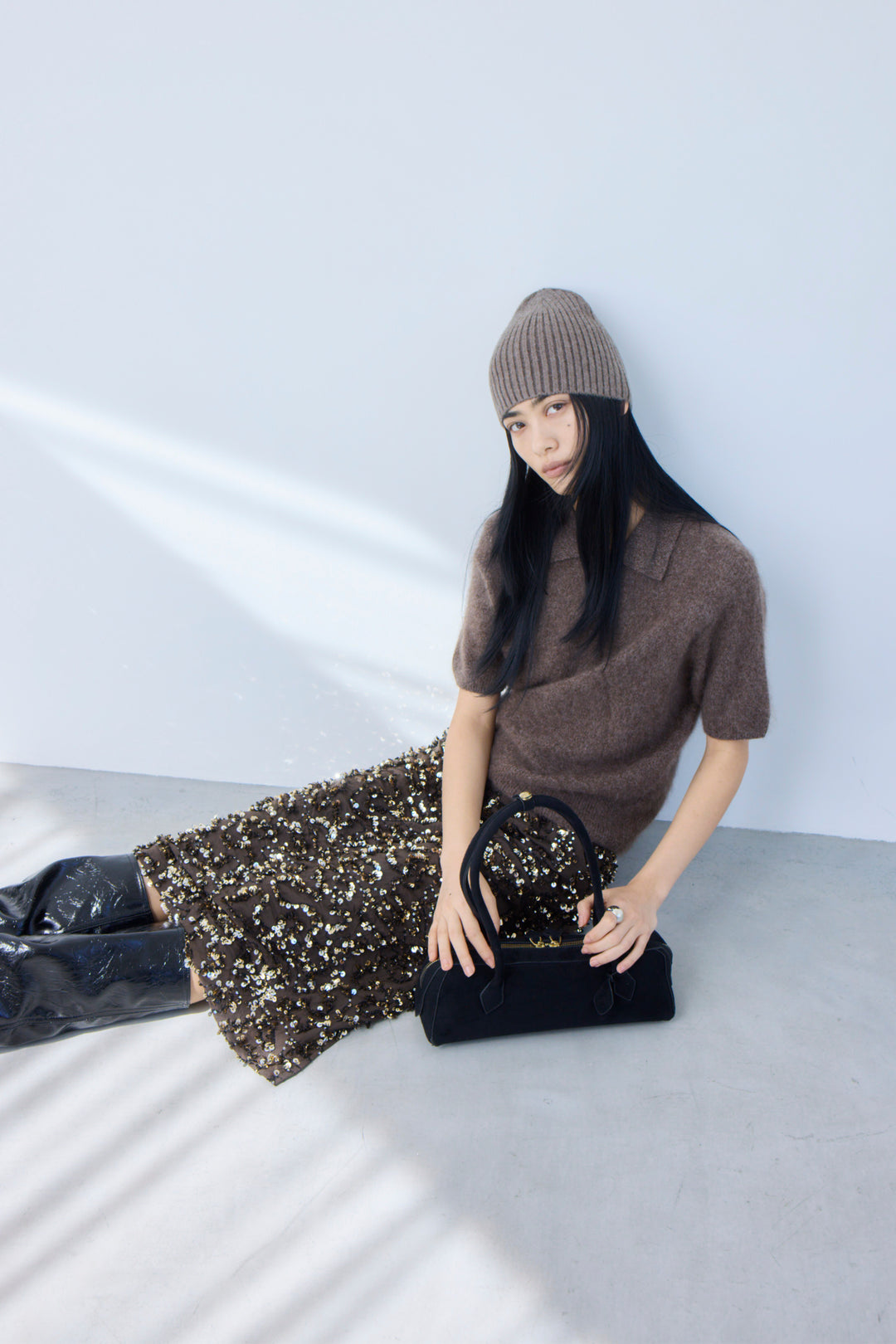 [予約/2点SET購入]ウールカシミヤポロニットプルオーバー+スパンコールフレイドスカート