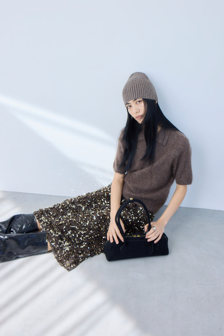 [予約/2点SET購入]ウールカシミヤポロニットプルオーバー+スパンコールフレイドスカート