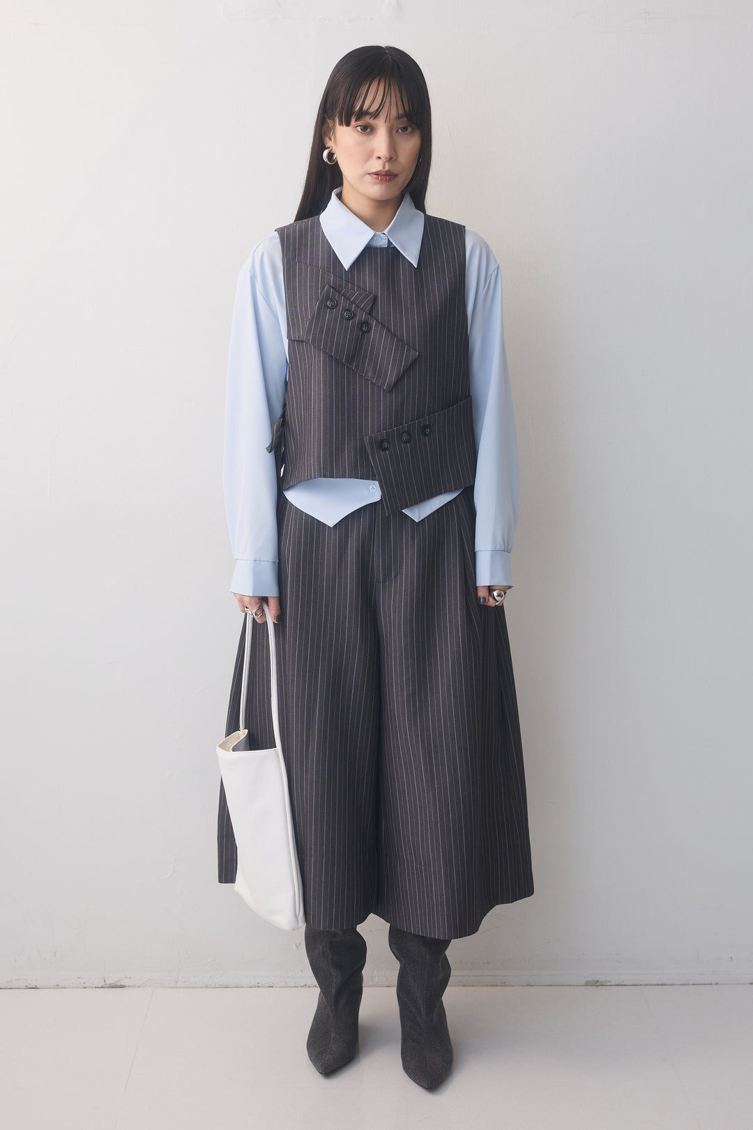 [予約/2点SET購入]ピンストライプカフスデザインベスト+ピンストライプクロップドワイドパンツ