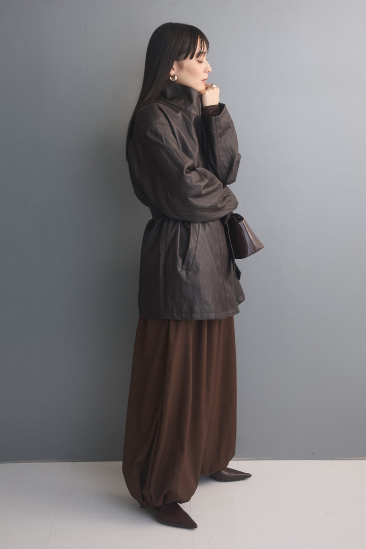 [予約/2点SET購入]ソフトタッチシンセティックレザーハーフコート+ヨークギャザーバルーンパンツ