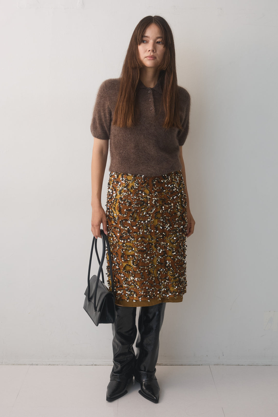 [予約/2点SET購入]ウールカシミヤポロニットプルオーバー+スパンコールフレイドスカート