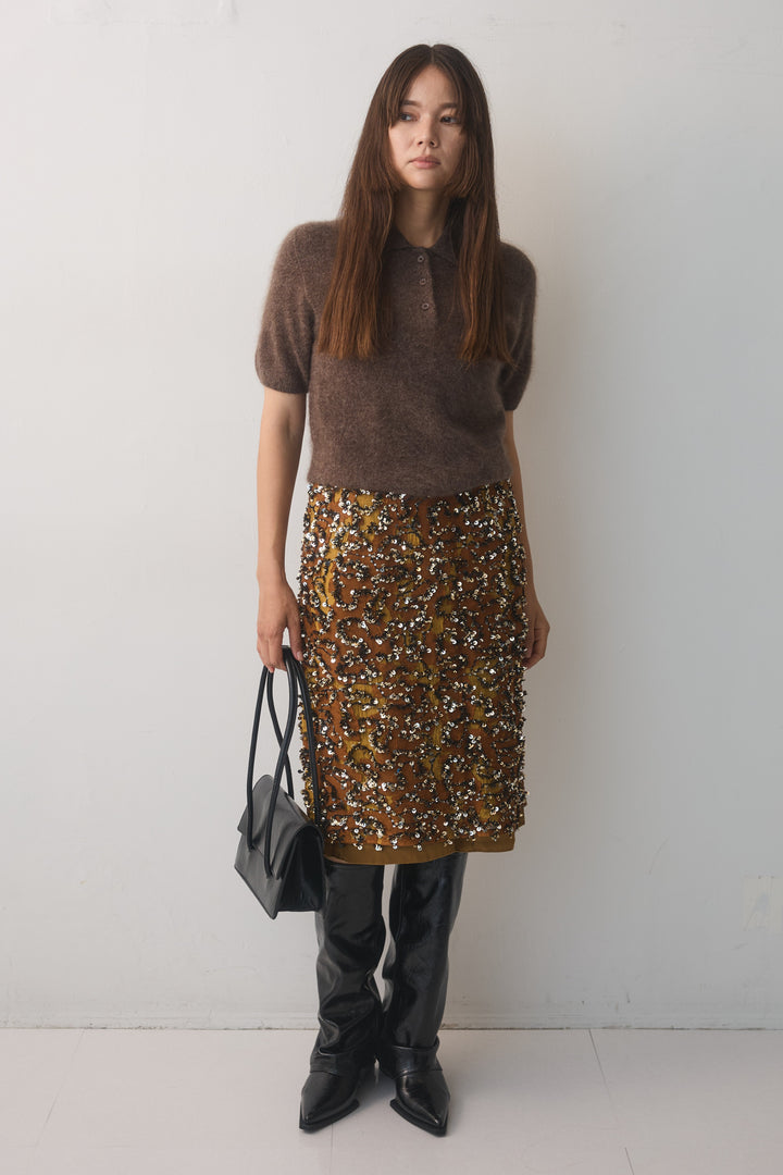 [予約/2点SET購入]ウールカシミヤポロニットプルオーバー+スパンコールフレイドスカート