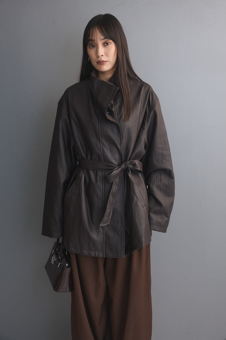 [予約/2点SET購入]ソフトタッチシンセティックレザーハーフコート+ヨークギャザーバルーンパンツ
