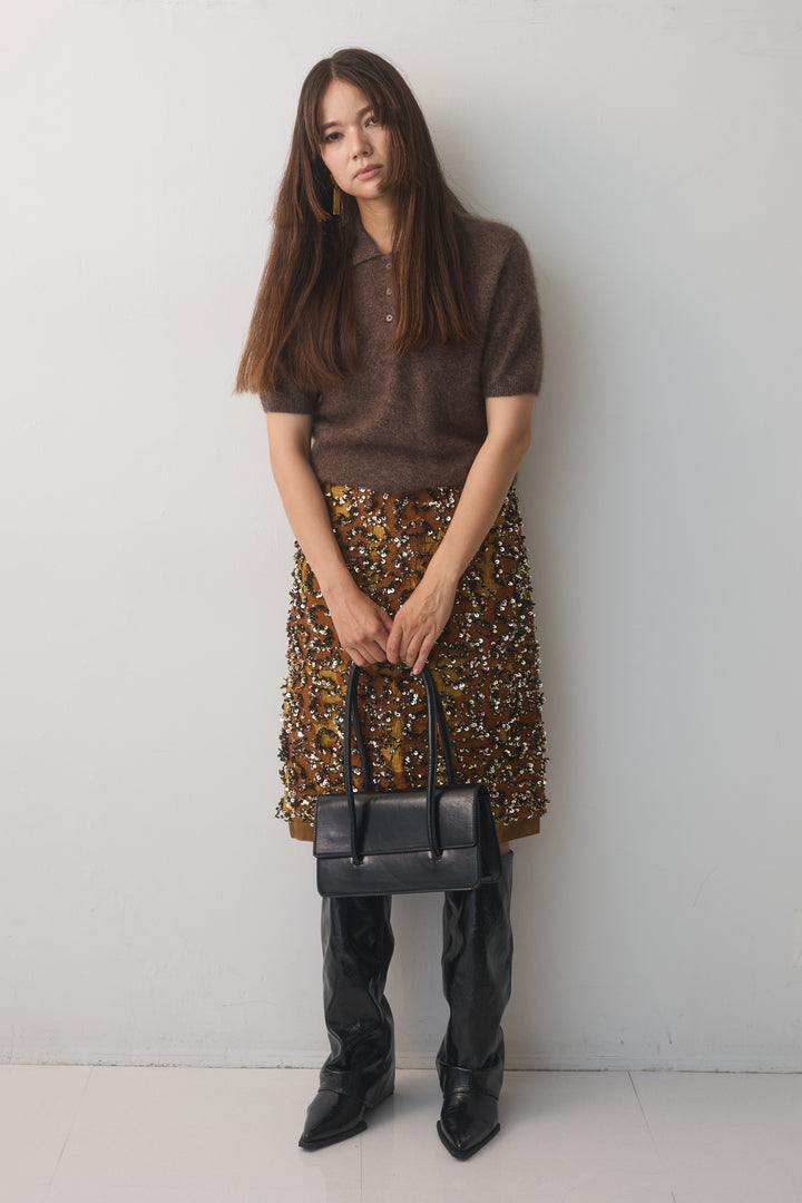 [予約/2点SET購入]ウールカシミヤポロニットプルオーバー+スパンコールフレイドスカート