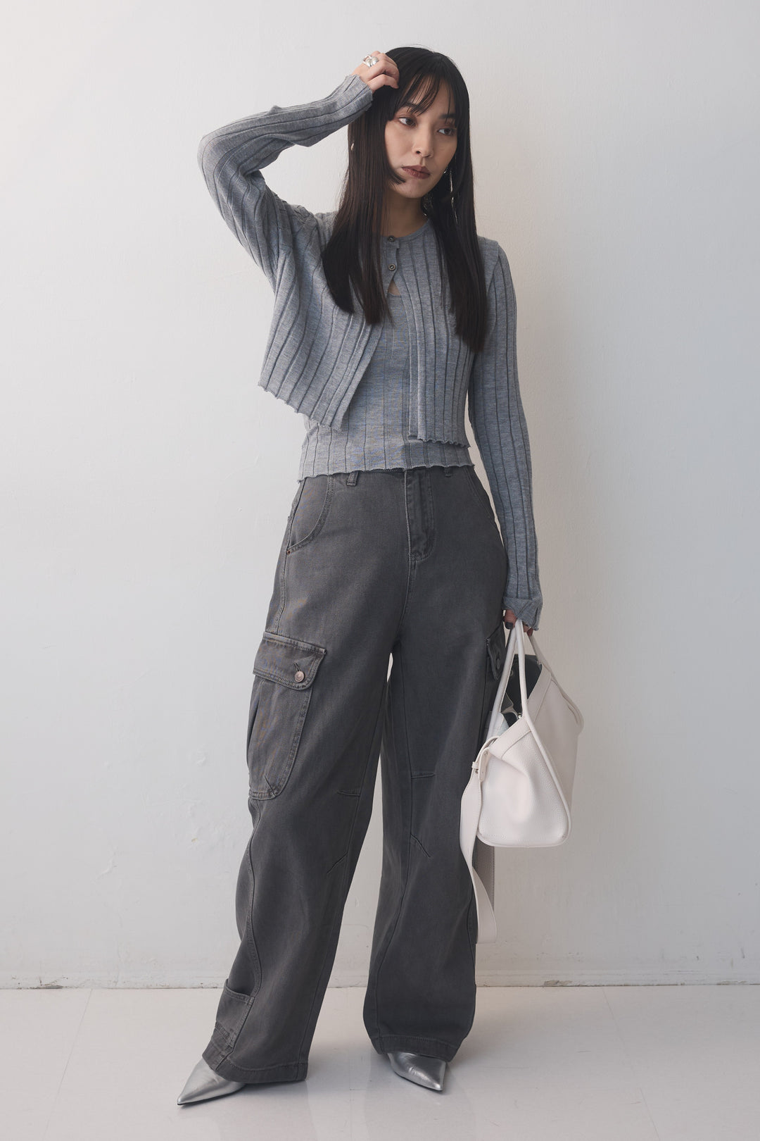[予約/2点SET購入]ワイドリブニットアンサンプル+ルーズデニムカーゴパンツ