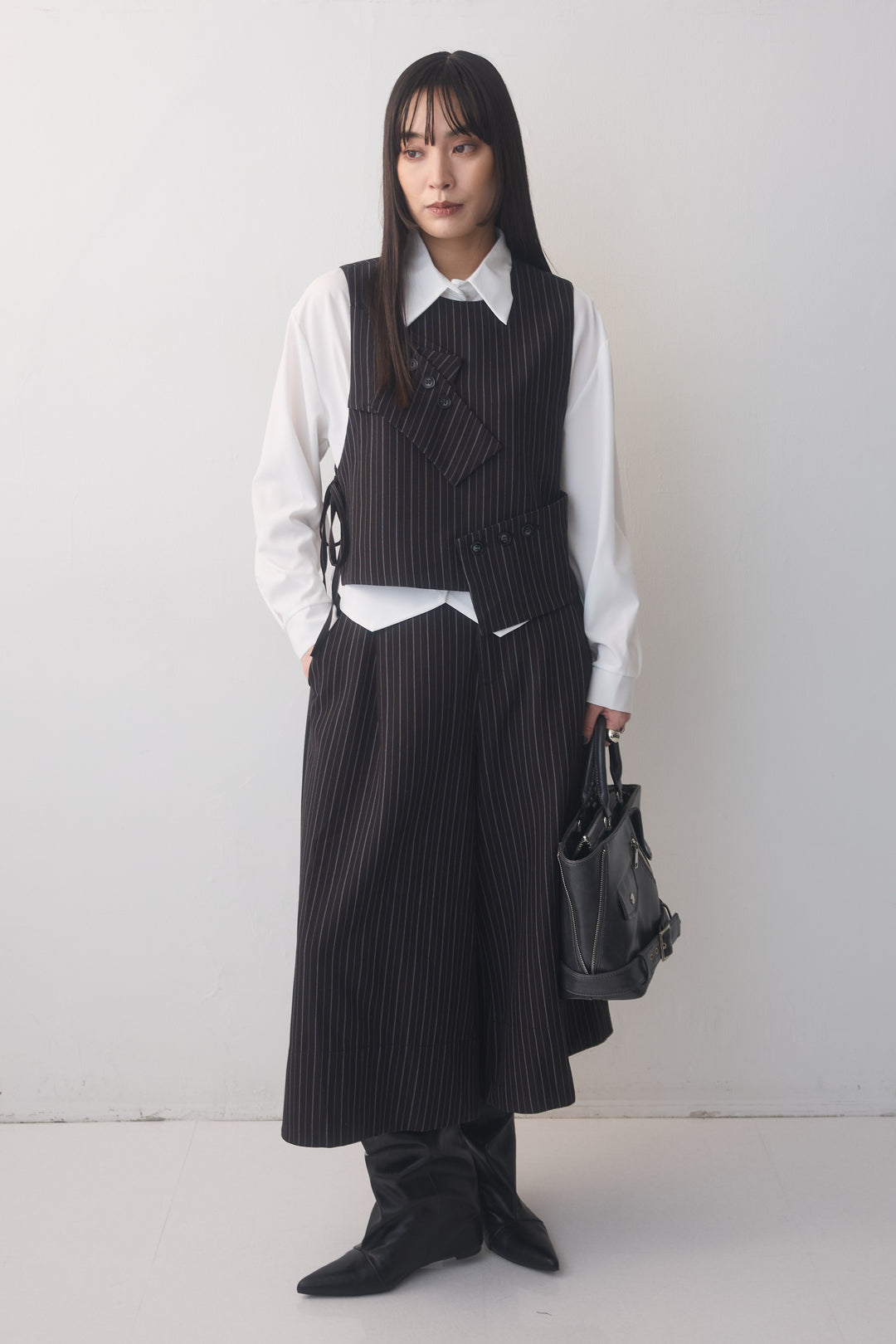 [予約/2点SET購入]ピンストライプカフスデザインベスト+ピンストライプクロップドワイドパンツ