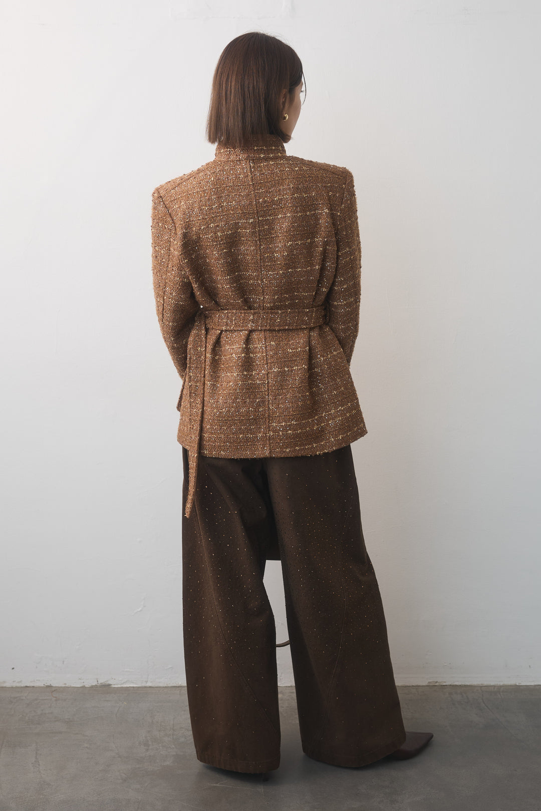 [予約/2点SET購入]スタンドカラーラメツイードジャケット+ベルトセットラインストーンバレルパンツ