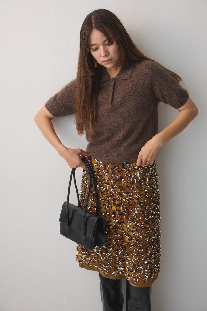 [予約/2点SET購入]ウールカシミヤポロニットプルオーバー+スパンコールフレイドスカート