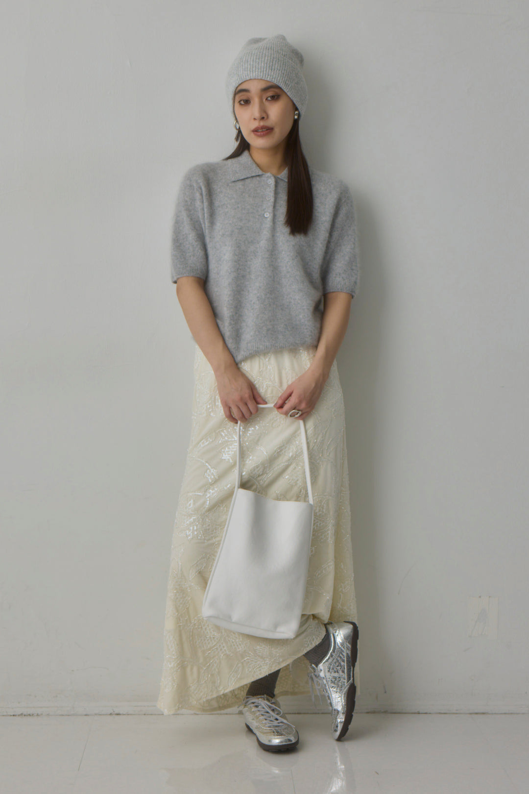 [予約/2点SET購入]ウールカシミヤポロニットプルオーバー+ビーズフラワーベルベットスカート