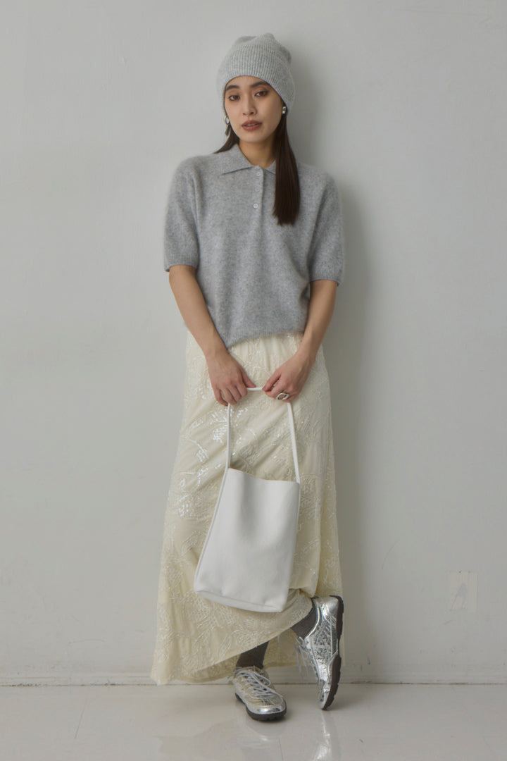 [予約/2点SET購入]ウールカシミヤポロニットプルオーバー+ビーズフラワーベルベットスカート
